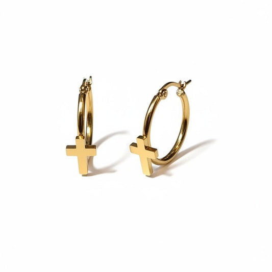 Goudkleurige Hoops RVS met Kruisje - 25mm - Aramat Jewels - Oorringen - cadeautip