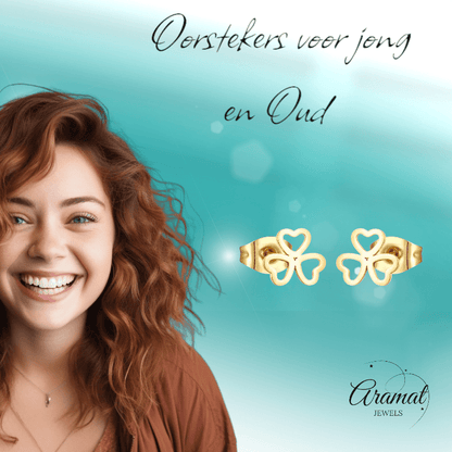 Goudkleurige klavertje drie oorstekers – 8mm - Aramat Jewels - Oorbellen - cadeautip
