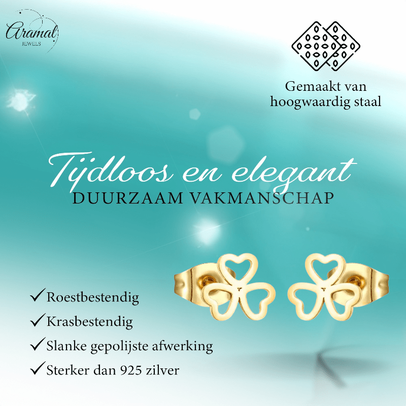 Goudkleurige klavertje drie oorstekers – 8mm - Aramat Jewels - Oorbellen - cadeautip