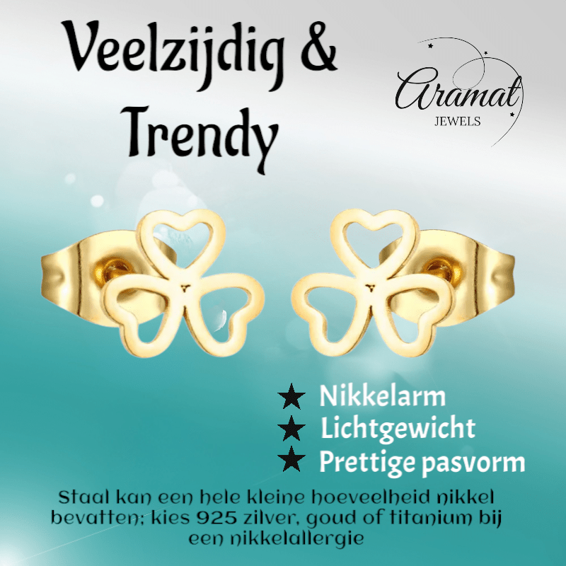 Goudkleurige klavertje drie oorstekers – 8mm - Aramat Jewels - Oorbellen - cadeautip