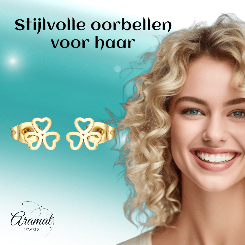 Goudkleurige klavertje drie oorstekers – 8mm - Aramat Jewels - Oorbellen - cadeautip