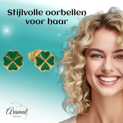 Goudkleurige Klavertje Vier Oorbellen Met Emaille - Aramat Jewels - Oorbellen - cadeautip