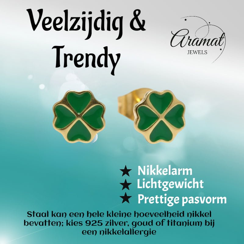 Goudkleurige Klavertje Vier Oorbellen Met Emaille - Aramat Jewels - Oorbellen - cadeautip