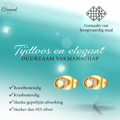 Goudkleurige kristallen oorbellen met AB glans – 3 mm - oor587 - XE38690 - Oorbellen kopen# - 3mm - AB - AB Transparant