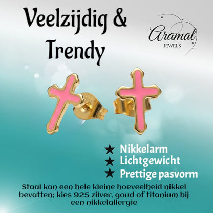 Goudkleurige Kruisjes Oorbellen Met Emaille Afwerking - Aramat Jewels - Oorbellen - cadeautip