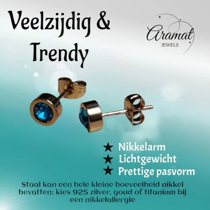 Goudkleurige oorbellen met aqua blauw zirkonia 6mm - oor4482 - Oorbellen kopen# - 6mm - alles - Aqua Blauw