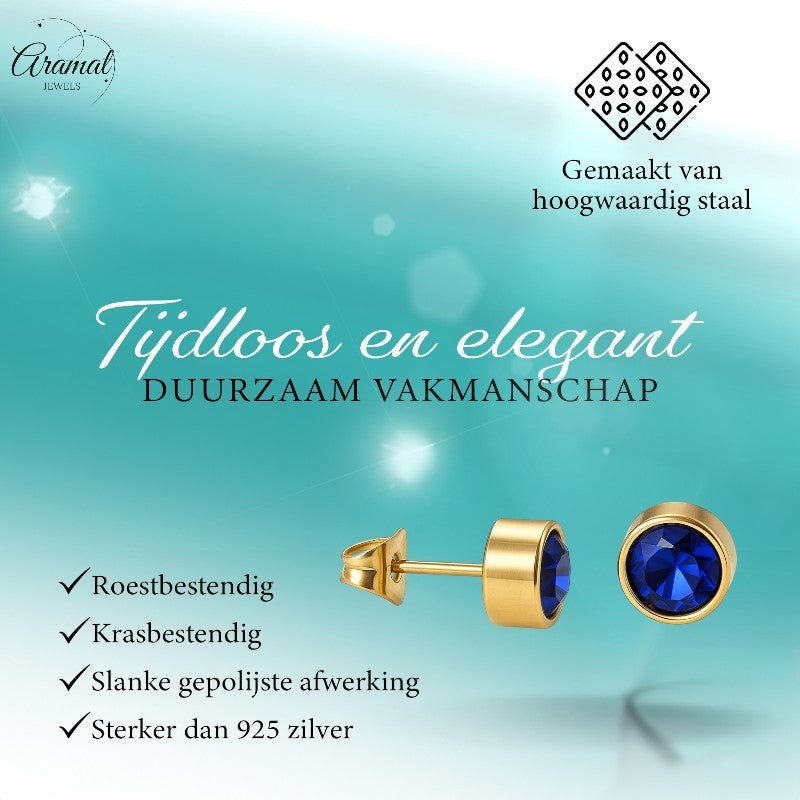 Goudkleurige oorbellen met donkerblauwe zirkonia – 7 mm - oor2067 - XE58221 - Oorbellen kopen# - 7mm - alles - blauw