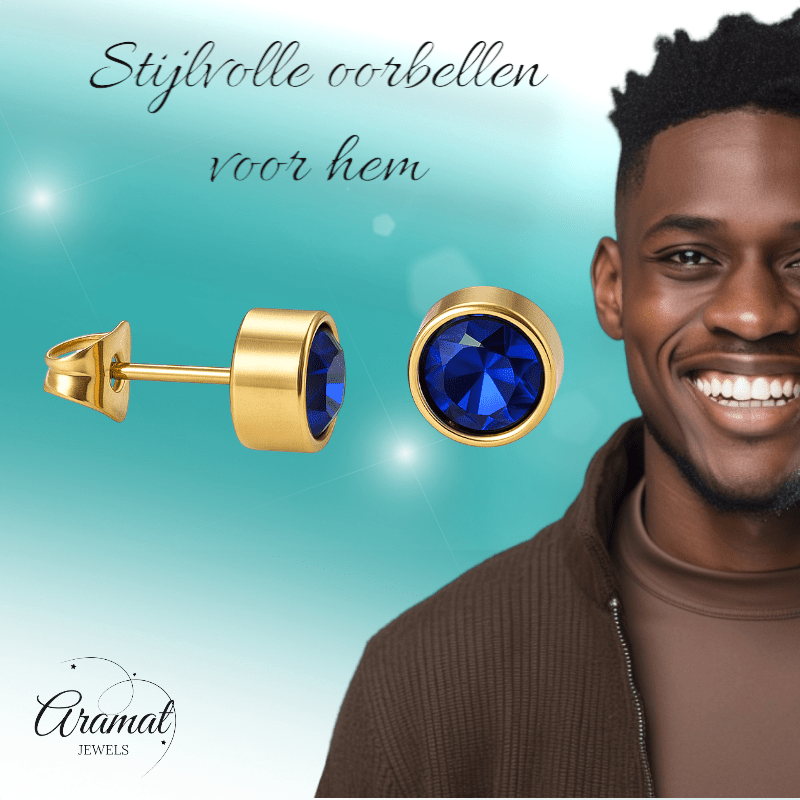 Goudkleurige oorbellen met donkerblauwe zirkonia – 7 mm - oor2067 - XE58221 - Oorbellen kopen# - 7mm - alles - blauw