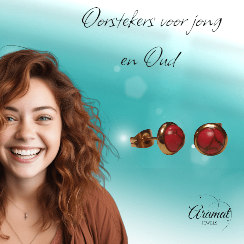 Goudkleurige oorbellen met rode gemarmerde steen 8mm - oor3248 - Oorbellen kopen# - 8mm - alles - cadeau
