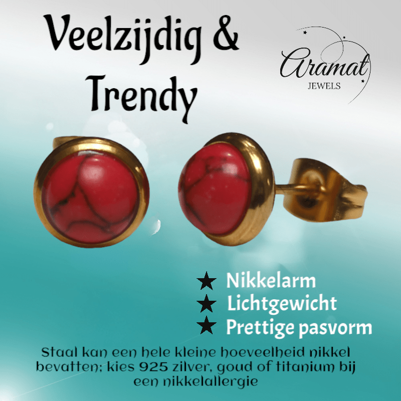 Goudkleurige oorbellen met rode gemarmerde steen 8mm - oor3248 - Oorbellen kopen# - 8mm - alles - cadeau