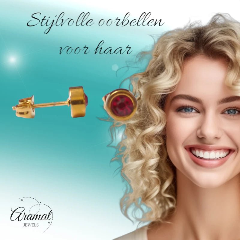 Goudkleurige oorbellen rood 6mm – Staal - oor2774 - XE71669 - Oorbellen kopen# - 6mm - alles - cadeau