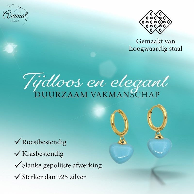 Goudkleurige Oorringen met Blauw Hartje - oor6398 - 807431 - Oorringen kopen# - 14mm - alles - blauw