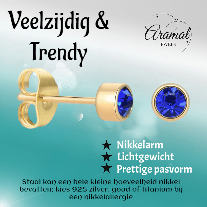 Goudkleurige Oorstekers 4mm - Donkerblauw Kristal - oor4604 - Oorbellen kopen# - 4mm - alles - blauw