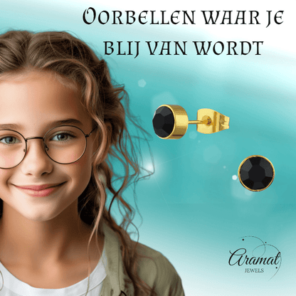 Goudkleurige Oorstekers 6mm - Zwart Kristal - oor1693 - Oorbellen kopen# - 6mm - alles - cadeau