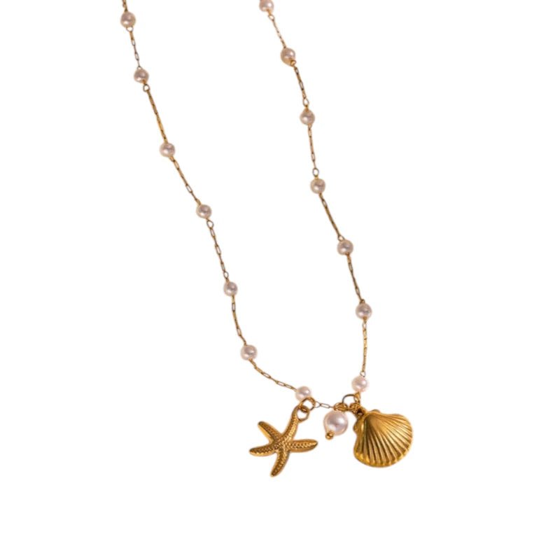 Goudkleurige parelketting met schelp & zeester – 40+5 cm - ket1182 - 599155 - Halskettingen kopen# - 40cm - alles - Bedelketting