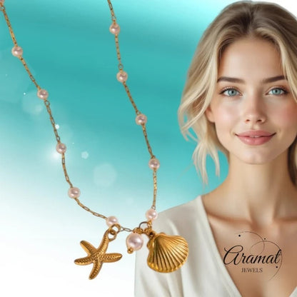 Goudkleurige parelketting met schelp & zeester – 40+5 cm - ket1182 - 599155 - Halskettingen kopen# - 40cm - alles - Bedelketting