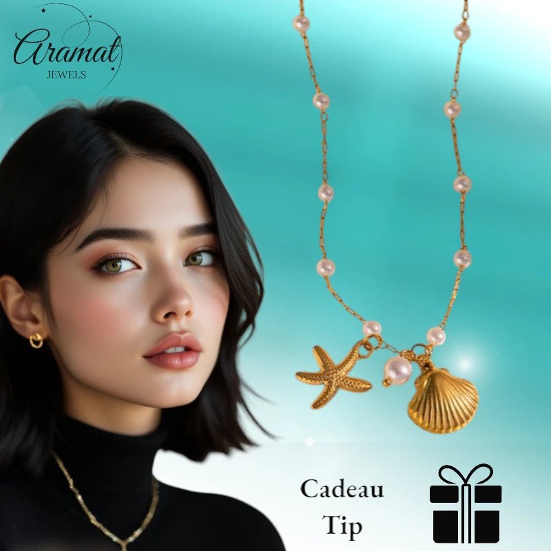 Goudkleurige parelketting met schelp & zeester – 40+5 cm - ket1182 - 599155 - Halskettingen kopen# - 40cm - alles - Bedelketting