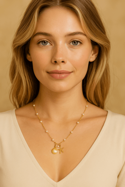 Goudkleurige parelketting met schelp & zeester – 40+5 cm - ket1182 - 599155 - Halskettingen kopen# - 40cm - alles - Bedelketting