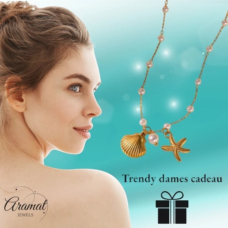 Goudkleurige parelketting met schelp & zeester – 40+5 cm - ket1182 - 599155 - Halskettingen kopen# - 40cm - alles - Bedelketting