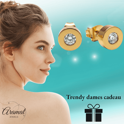 Goudkleurige Ronde Oorbellen met Zirkonia - Aramat Jewels - Oorbellen - cadeautip