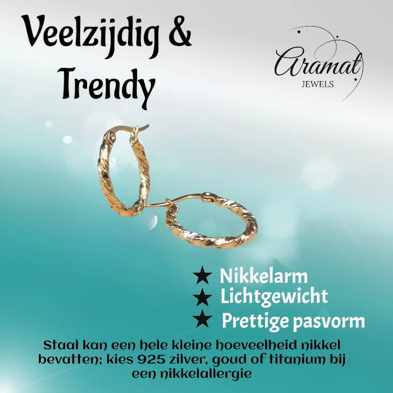 Goudkleurige RVS Oorringen met Gevlochten Design - 20 mm - Aramat Jewels - Oorringen - cadeautip