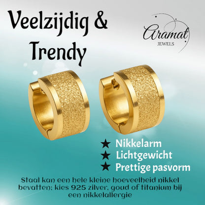 Goudkleurige RVS oorringetjes met sandblasted streep - oor5853 - Oorringen kopen# - 13mm - 7mm - alles