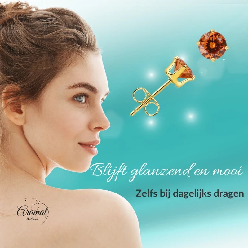 Goudkleurige RVS Oorstekers Geboortesteen Juli - Roodoranje Zirkonia - Aramat Jewels - Oorbellen - cadeautip