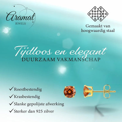 Goudkleurige RVS Oorstekers Geboortesteen Juli - Roodoranje Zirkonia - Aramat Jewels - Oorbellen - cadeautip