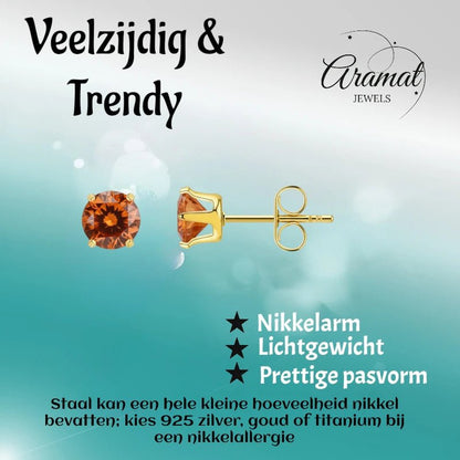 Goudkleurige RVS Oorstekers Geboortesteen Juli - Roodoranje Zirkonia - Aramat Jewels - Oorbellen - cadeautip