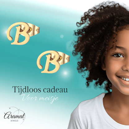 Goudkleurige RVS oorstekers Letter B - Aramat Jewels - Oorbellen - cadeautip
