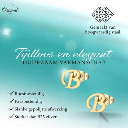 Goudkleurige RVS oorstekers Letter B - Aramat Jewels - Oorbellen - cadeautip