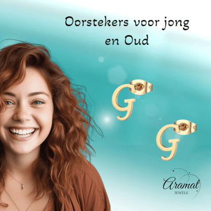 Goudkleurige RVS oorstekers Letter G - Aramat Jewels - Oorbellen - cadeautip
