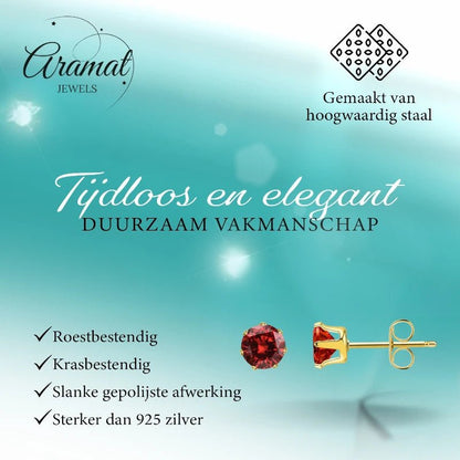 Goudkleurige RVS Oorstekers met Rode Zirkonia - vanaf 3 mm - Aramat Jewels - Oorbellen - cadeautip