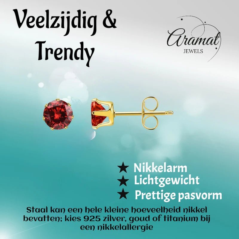 Goudkleurige RVS Oorstekers met Rode Zirkonia - vanaf 3 mm - Aramat Jewels - Oorbellen - cadeautip