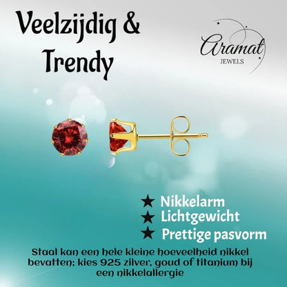 Goudkleurige RVS Oorstekers met Rode Zirkonia - vanaf 3 mm - Aramat Jewels - Oorbellen - cadeautip