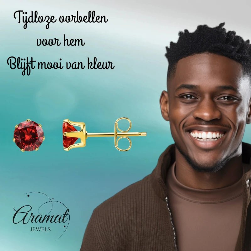 Goudkleurige RVS Oorstekers met Rode Zirkonia - vanaf 3 mm - Aramat Jewels - Oorbellen - cadeautip