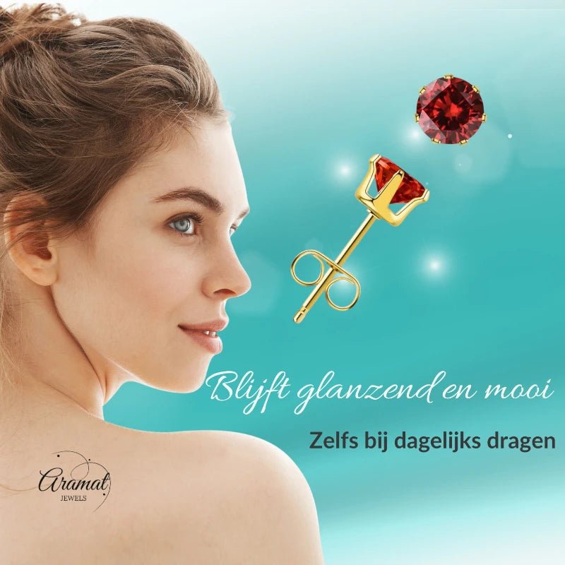 Goudkleurige RVS Oorstekers met Rode Zirkonia - vanaf 3 mm - Aramat Jewels - Oorbellen - cadeautip