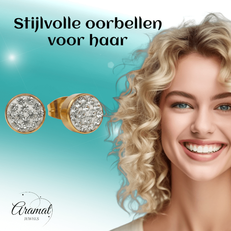 Goudkleurige Shamballa Kristallen Oorbellen - Aramat Jewels - Oorbellen - cadeautip