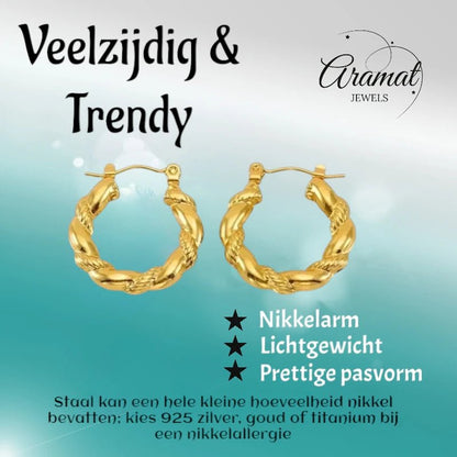 Goudkleurige Stainless Steel Oorringen 22mm - Gedraaid - Creolen - Aramat Jewels - Oorringen - cadeautip