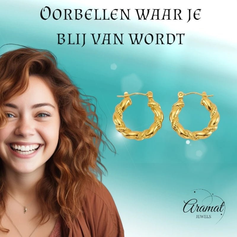 Goudkleurige Stainless Steel Oorringen 22mm - Gedraaid - Creolen - Aramat Jewels - Oorringen - cadeautip