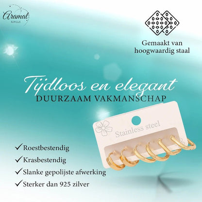 Goudkleurige stainless steel oorringen set – 2x rond + 1x vierkant – 3 paar - set20 - 153018 - Oorringen kopen# - alles - cadeau - dames