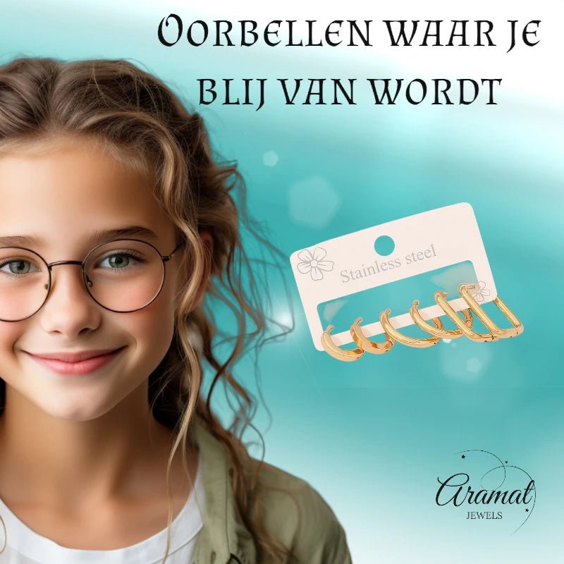 Goudkleurige stainless steel oorringenset – 2x rond + 1x rechthoekig – 3 paar - set31 - 153016 - Oorbellen kopen# - alles - cadeau - dames