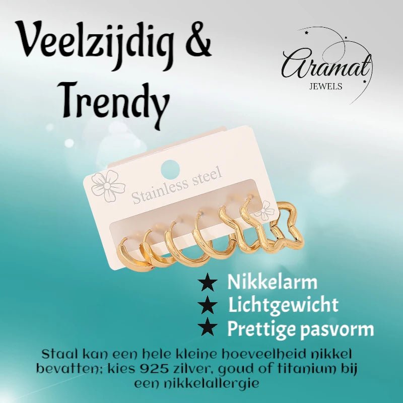 Goudkleurige stainless steel oorringenset – 2x rond + 1x stervormig – 3 paar - set22 - 153019 - Sieradensets kopen# - alles - cadeau - dames