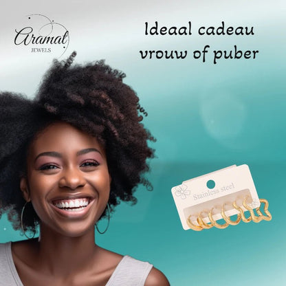 Goudkleurige stainless steel oorringenset – 2x rond + 1x stervormig – 3 paar - set22 - 153019 - Sieradensets kopen# - alles - cadeau - dames