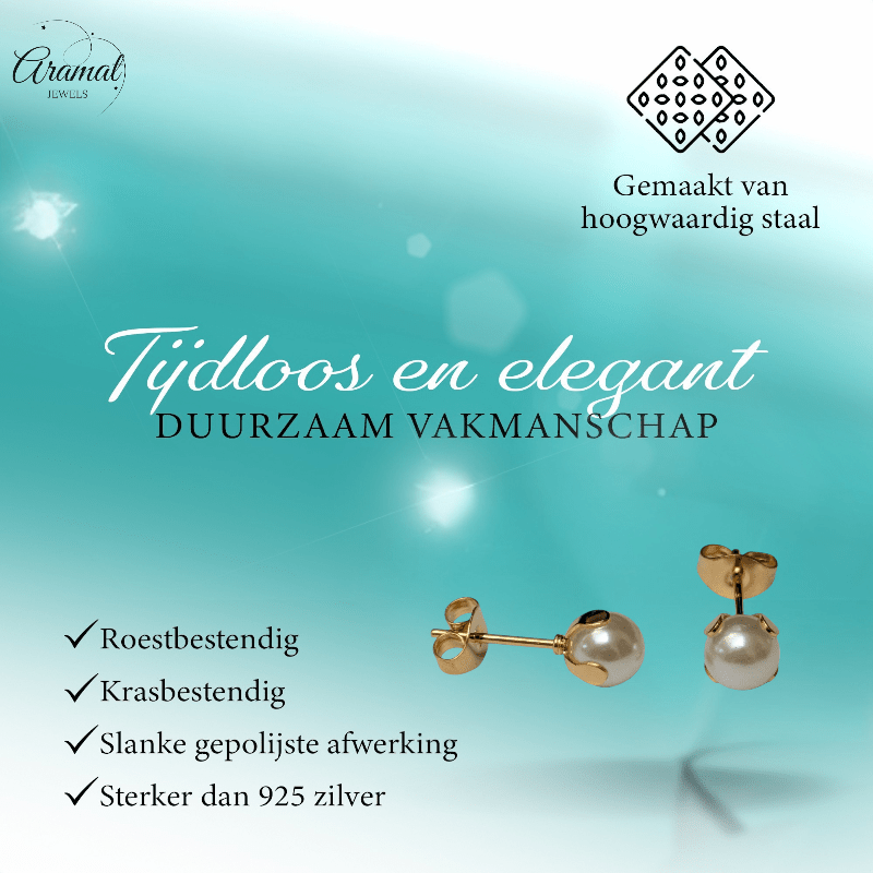 Goudkleurige Stalen Parel Oorbellen 6mm - Aramat Jewels - Oorbellen - cadeautip