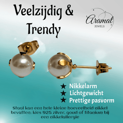 Goudkleurige Stalen Parel Oorbellen 7mm - Aramat Jewels - Oorbellen - cadeautip