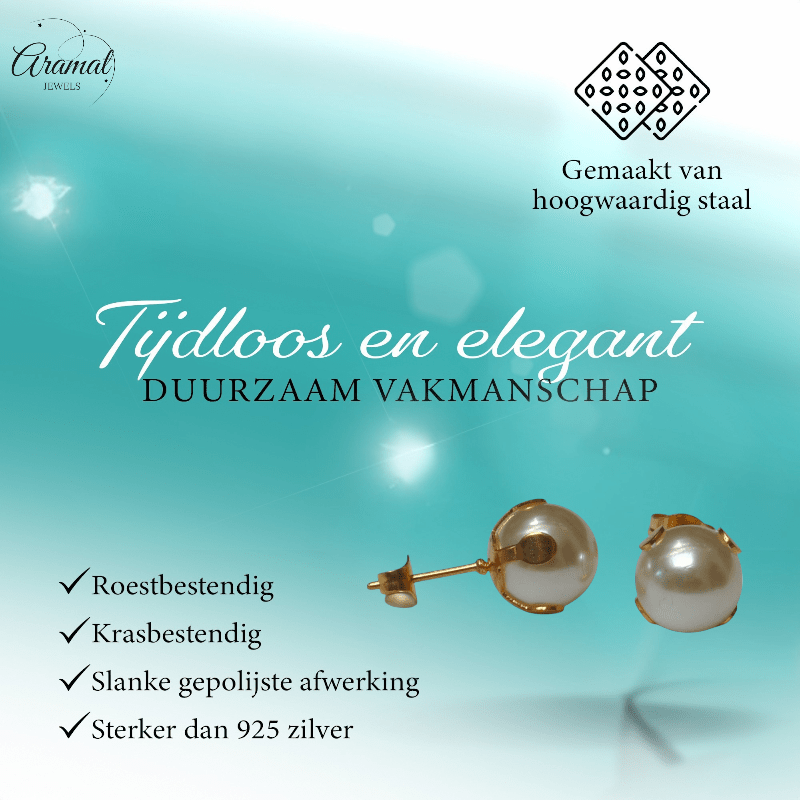 Goudkleurige Stalen Parel Oorbellen 9mm - Aramat Jewels - Oorbellen - cadeautip