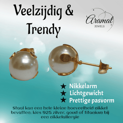 Goudkleurige Stalen Parel Oorbellen 9mm - Aramat Jewels - Oorbellen - cadeautip