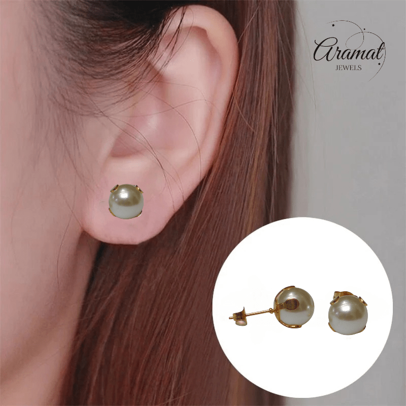 Goudkleurige Stalen Parel Oorbellen 9mm - Aramat Jewels - Oorbellen - cadeautip