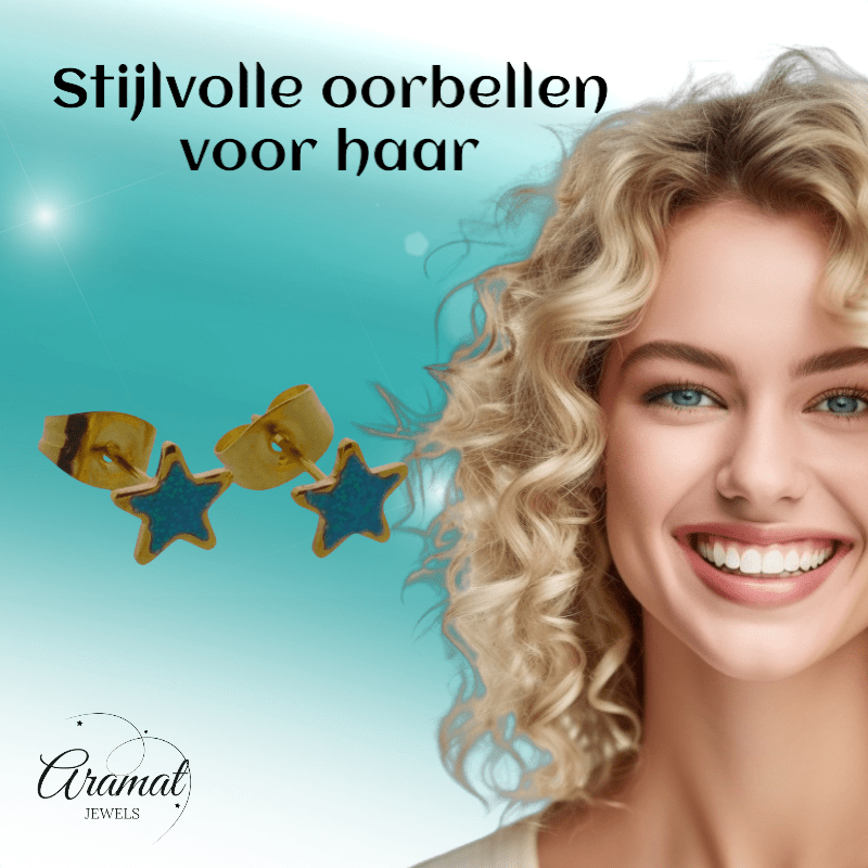 Goudkleurige Ster Oorstekers Blauw 6 mm - oor6172 - YY - Oorbellen kopen# - 6mm - alles - blauw